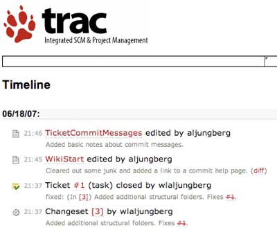 A Trac timeline showing commit messages and wiki edits.